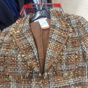 Woman's Tan Multi-Color Plaid Fringe Collar Button-Up Jacket Size S(4-6)#92